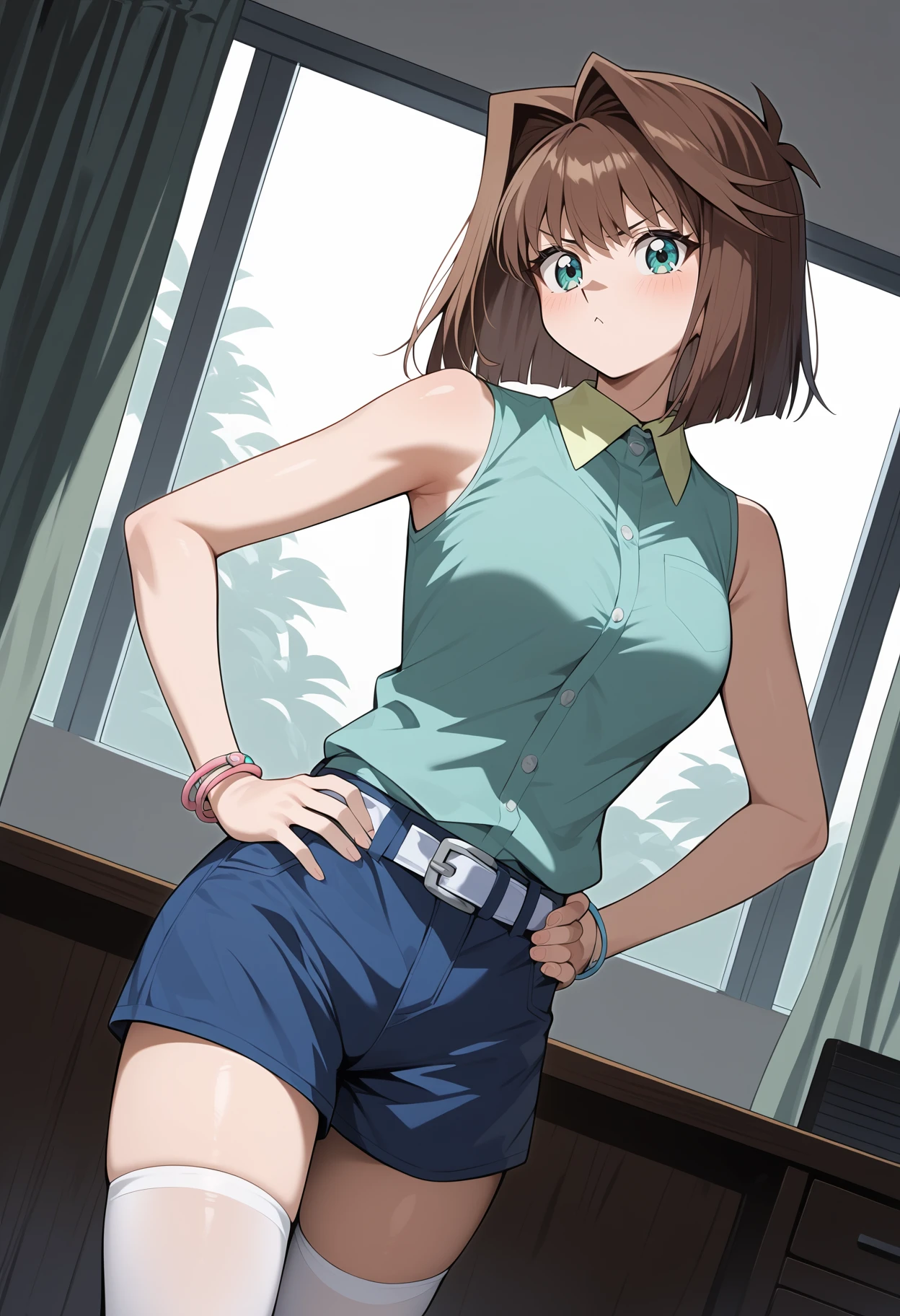 score_9, score_8_up, score_7_up, score_6_up, score_5_up, score_4_up, source_anime, aaanzu, medium hair, brown hair, aqua eyes, breasts, collared shirt, green shirt, sleeveless, bracelet, short shorts, blue shorts, white belt, white thighhighs, <lora:mazaki_anzu_ponyxl_v1:0.9>, pout, hands on own hips, standing, room, indoors,