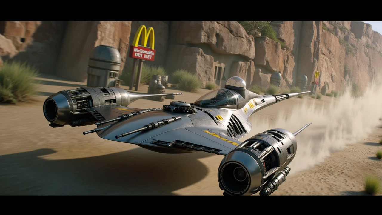 a Photo of a N1 Starfighter,hovering at the mcdonalds drive through,Star Wars,Lucasfilm,beautiful Composition,sharp focus,dramatic camera angle, <lora:N1_Starfighter:1>