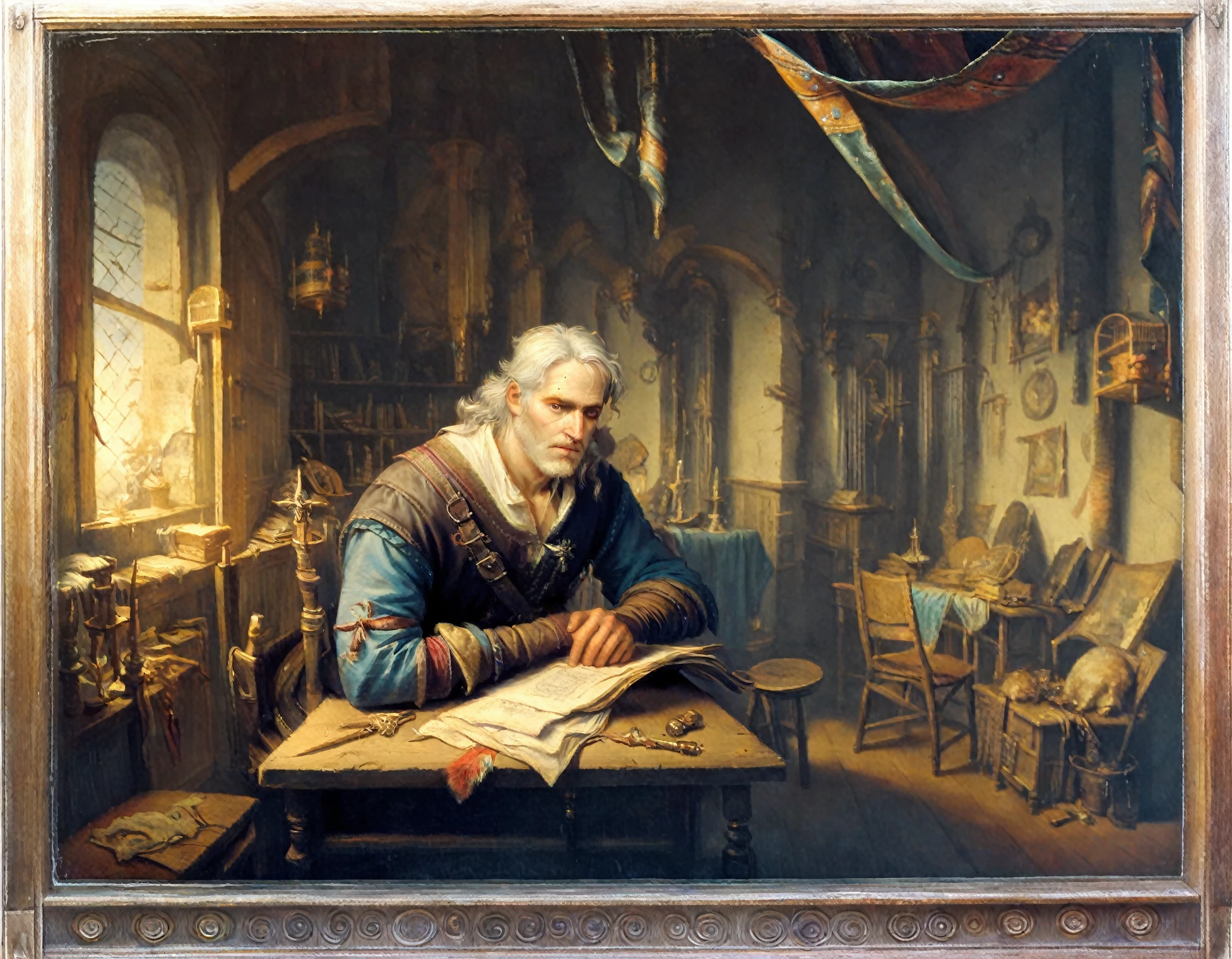 <lora:gerrit-dou_pony_v1:1>   the witcher  'Portrait of Geralt of Rivia ' by dou gerrit in,genre painting \(genre\),baroque \(style\),male-portraits,studios-and-workshops,room,the artwork is a genre painting that depicts a man sitting at a desk in a room, score_9, score_6_up, score_7_up