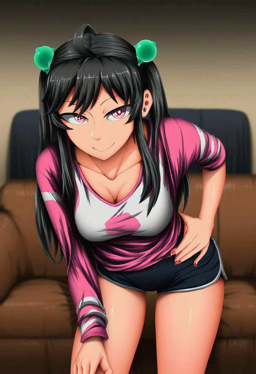 score_9, score_8_up, score_7_up,  detailed, detailed eyes, cartoon look, 
junajunajuice,  
black hair, pink eyes, 1 girl, 
shorts, 
bent forward, clevage, 
solo, 
looking at viewer, 
holding shirt,  smiling, 
living room, messy room, hand on hips,