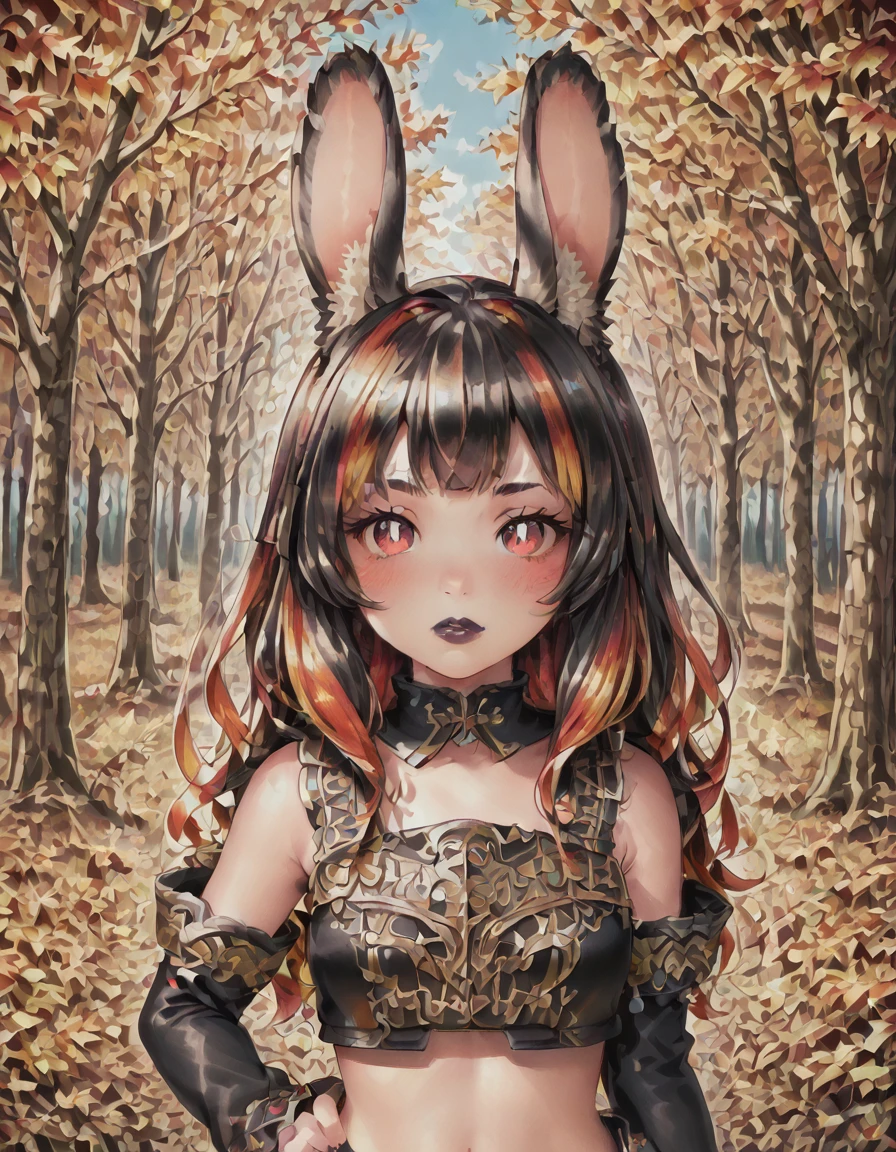 <lora:DecorativeStyle_FORPONY:1>destyle, blush, upper body, chibi, score_9, silvia, blacknwhitehair, red eyes, black lipstick, animal ears, viera, rabbit ears, multicolored hair, detached sleeves, midriff, hand on hip, outside, trees in background, autumn, forrest