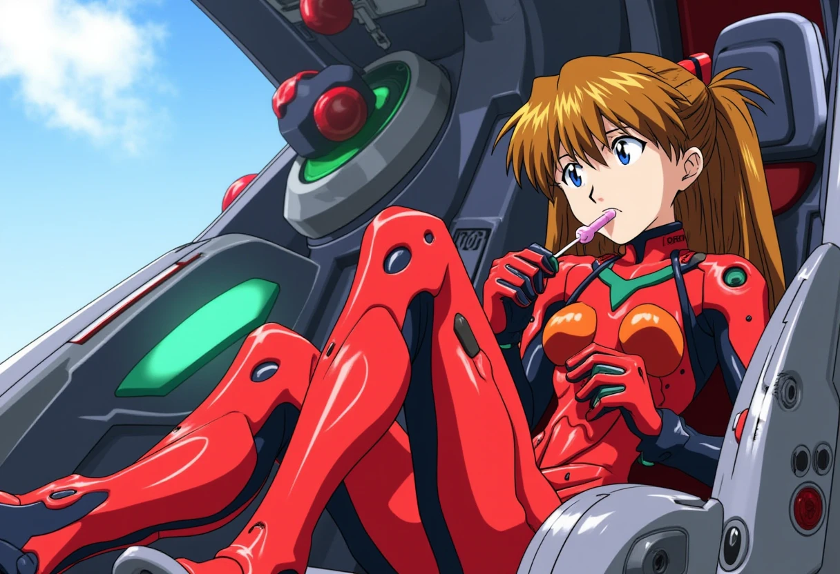 A detailed solo portrait of ppasuka. She has chestnut brown  hair.
ppasuka in red plug suit. She sits in a futuristic cockpit of an EVA robot, one leg over another. She is eating a lollipop.
anime still, highly detailed. No flat color, no hand drawn, no fan art.
anime.
 <lora:Asuka_Langley_flux_prototype_v2-000010:1>