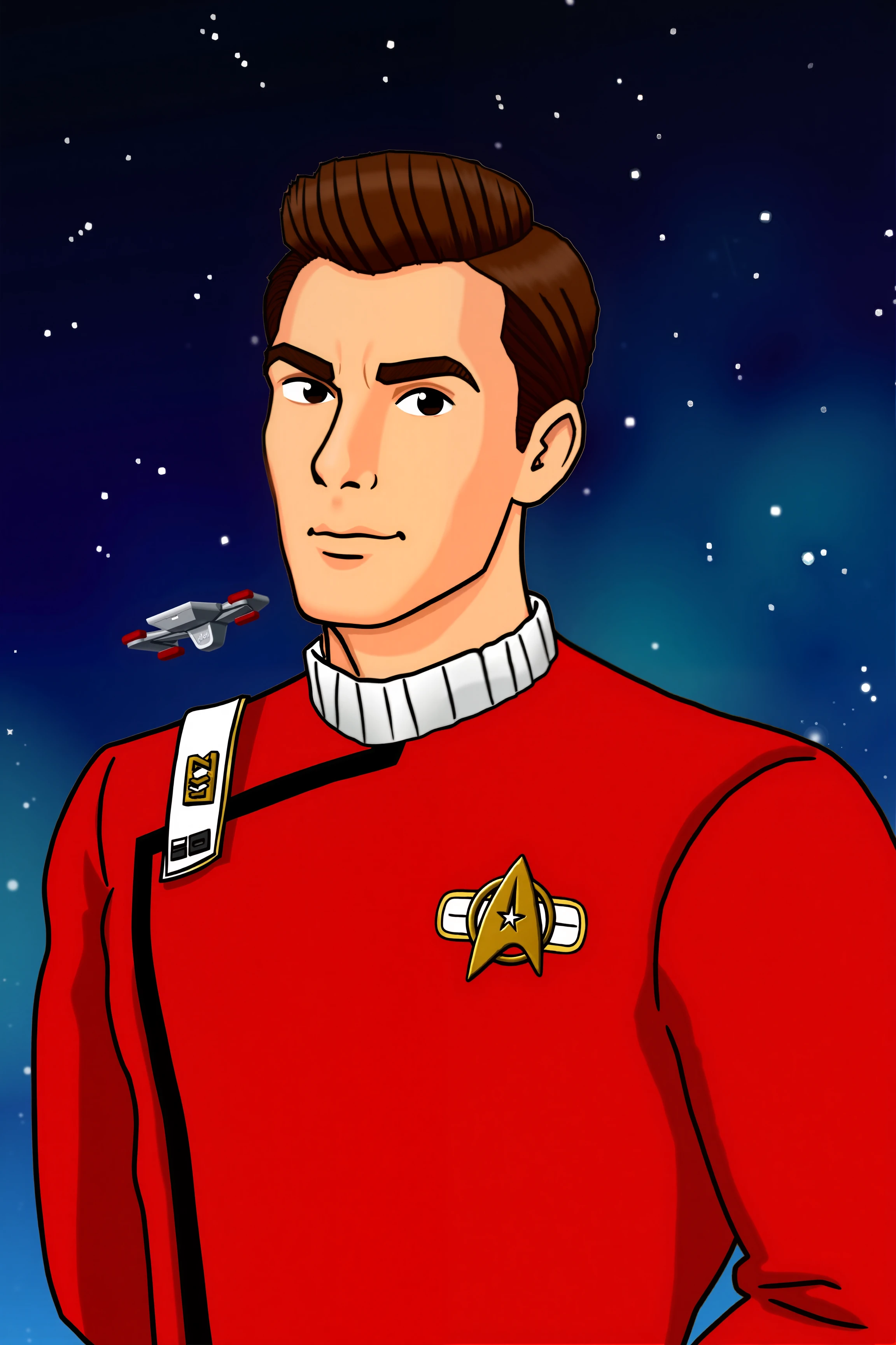 A high-quality cartoon portrait of a person in a red TWOK uniform with white collar. The character is depicted with a confident and charismatic expression, exuding a sense of adventure and leadership. They have a sleek, modern haircut and a slightly mischievous glint in their eyes, highlighting their dynamic personality. The red uniform is meticulously detailed, featuring the iconic black trim and Starfleet insignia, with subtle, cartoonish embellishments like exaggerated, shiny buttons and a playful, futuristic communicator on the wrist. The background is a vibrant, starry space scene with a hint of a distant starship, adding depth and context to the portrait. Bright, bold colors and smooth lines emphasize the character’s heroic and optimistic demeanor, capturing the essence of Star Trek's spirit in a fun, stylized manner.