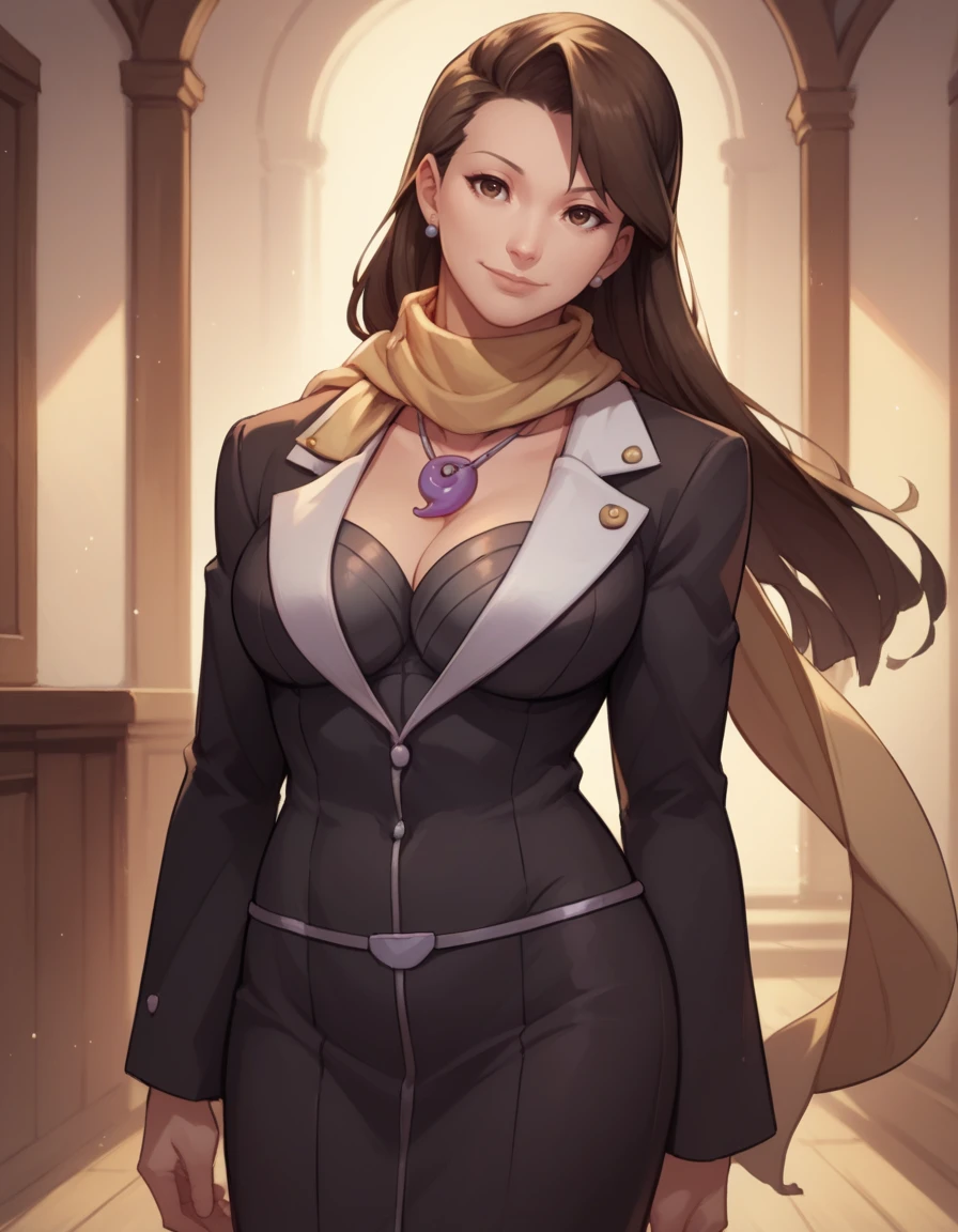 score_9, score_8_up, score_7_up, 
1girl, solo,
large breasts,
miafeyattorneydg, mature female, 
long hair, brown hair, brown eyes, 
jacket, necklace, scarf, skirt, magatama necklace, blazer,
head tilt, light smile,
 <lora:Mia Fey Attorney PXL v01:0.90>