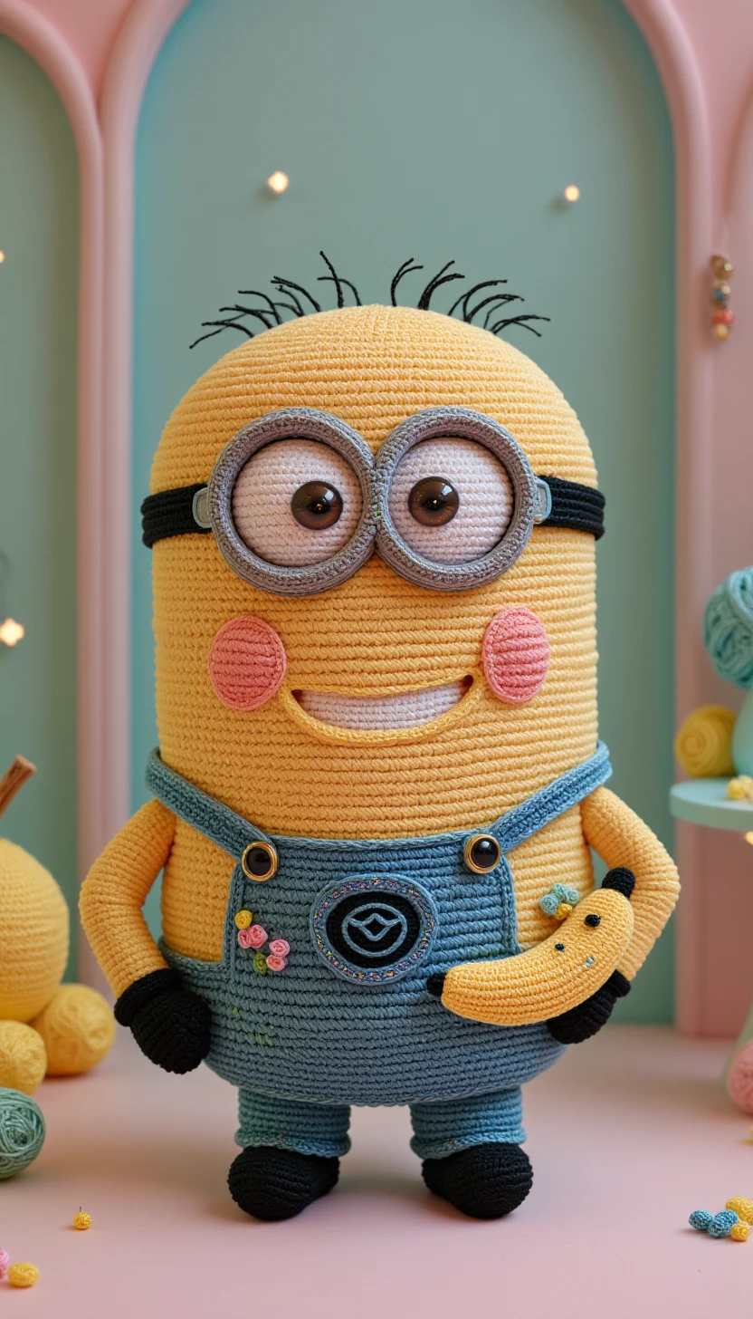 cr0ch3tcut3styl3, crocheted,A minion holding a banana, looking happy