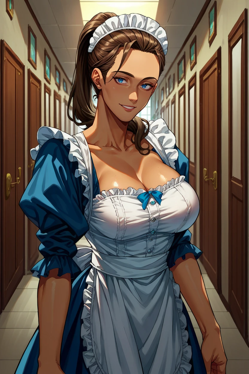 score_9, score_8_up, score_7_up, score_6_up, source_anime, 1girl, solo,  <lora:fejudith-pdxl-nvwls-v1-000004:1> feJudith, brown hair, long hair, high ponytail, blue eyes, tan, maid headdress, maid dress, large breasts, mature female, smile, hallway, looking at you