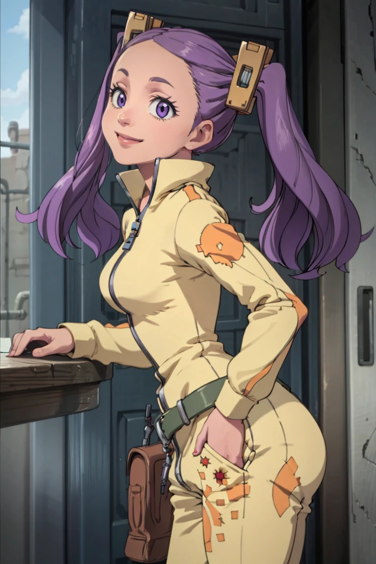 ((masterpiece,best quality)), absurdres, <lora:Wahanly_Shume_Tenchi:0.8>, Wahanly_Shume_Tenchi,  1girl, solo, long hair, purple hair, twintails, purple eyes, hair ornament, belt, jumpsuit,  solo, smiling, looking at viewer, cowboy shot, side view, leaning forward