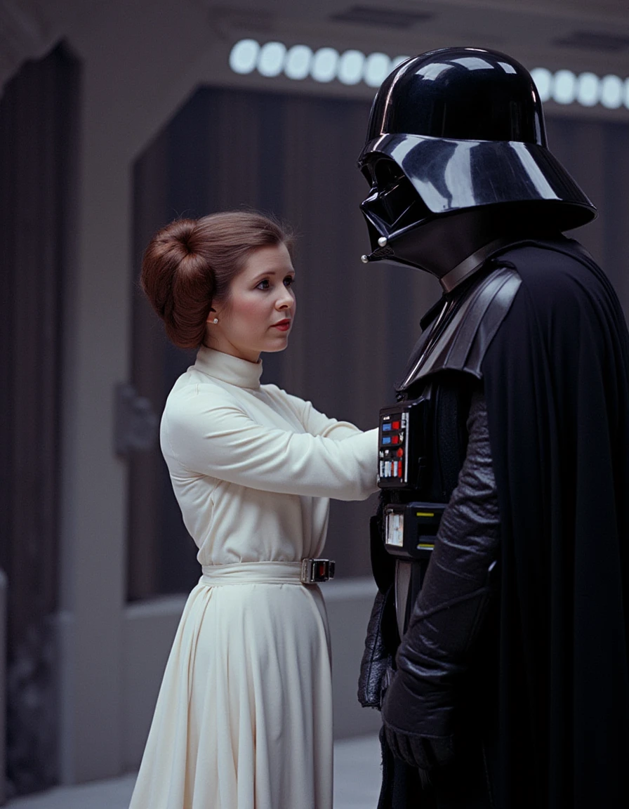 Princess Leia, portrayed by Carrie Fisher, standing before Darth Vader in A New Hope, unshaken and resolute. Her calm, unwavering demeanor highlights her strength as she faces the terrifying figure of the Sith Lord.