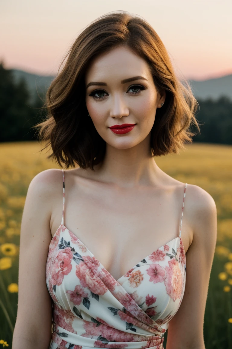 petatodd:0.95, ((masterpiece, best quality, extremely detailed, high resolution)), ((detailed eyes, detailed face):1.2), ((red lipstick, blush, pale skin)),((fully clothed, modest):1.2), closeup, portrait, ,photo of a woman, RAW, close portrait photo, ((beautiful floral print sundress)),((short hair, pixie cut)), ((outdoors, gorgeous meadow, walking)), 8k uhd, dslr, soft lighting, high quality, film grain, Fujifilm XT3 sharp focus, f 5.6,, slight smile, ((detailed eyes, beautiful eyes, detailed face, beautiful face)),