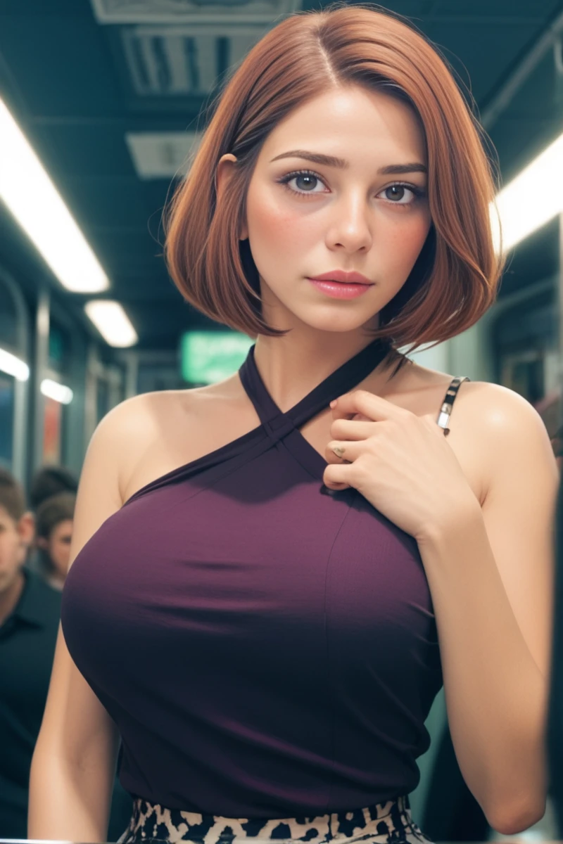 Hae-Jun DO, score_9, score_8, score_7, source_anime, an image of HaeJunDov woman, dark purple sleeveless halter shirt, bare shoulders, black and white skirt, perfect breasts, blush, looking at viewer, very crowded subway station, <lora:HaeJunDov:1.0>, zPDXL2