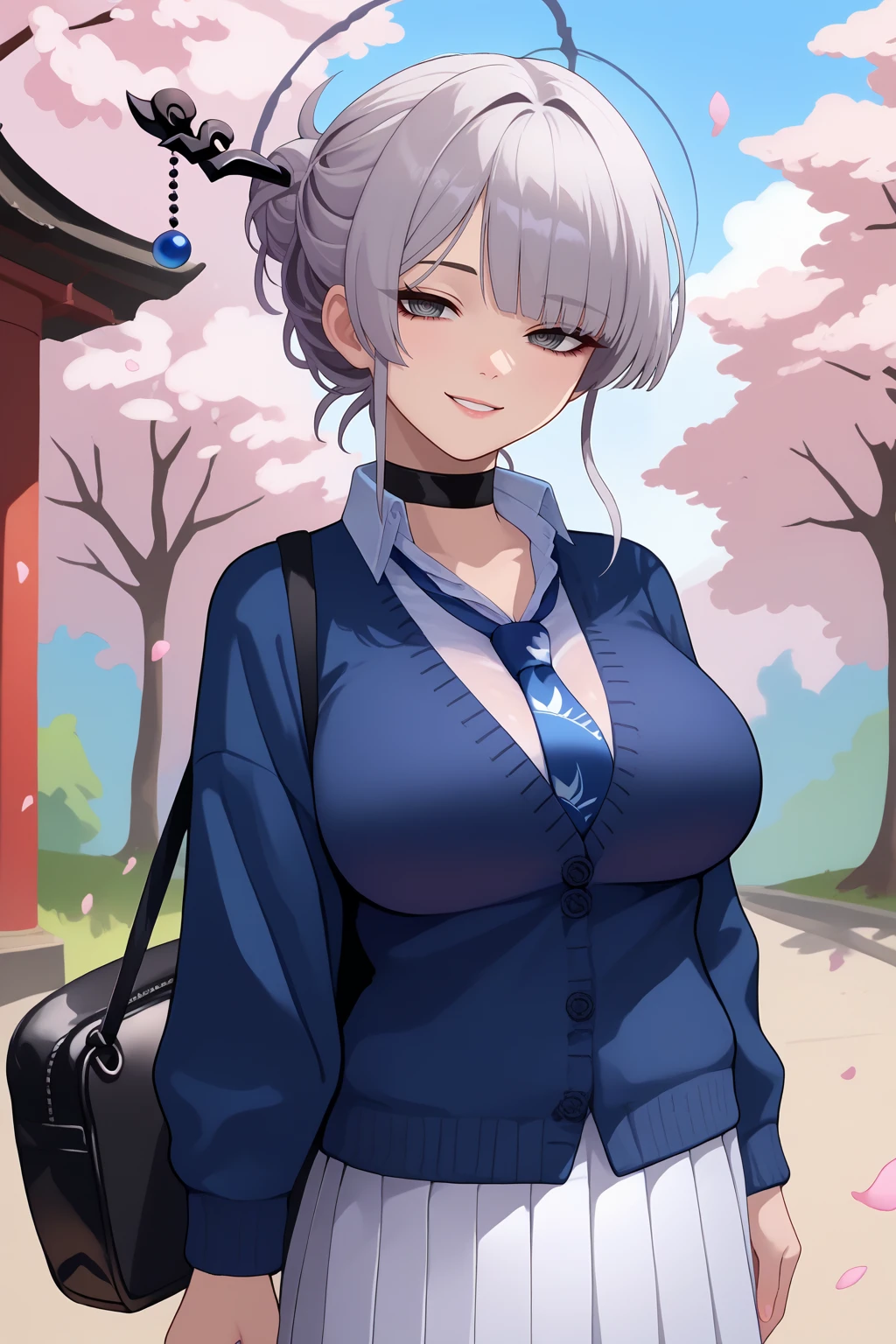 score_9, score_7_up, source_anime, cowboy shot, looking at viewer, smile, kvki, grey hair, grey eyes, grey halo, single hair bun, hair stick, large breasts, black choker, blue cardigan, blue necktie, white collared shirt, white pleated skirt, school bag, outdoors, cherry blossoms, tree, <lora:Hoseki_ProjectKV_KaoruItokonoue_PDXL_v1:1>