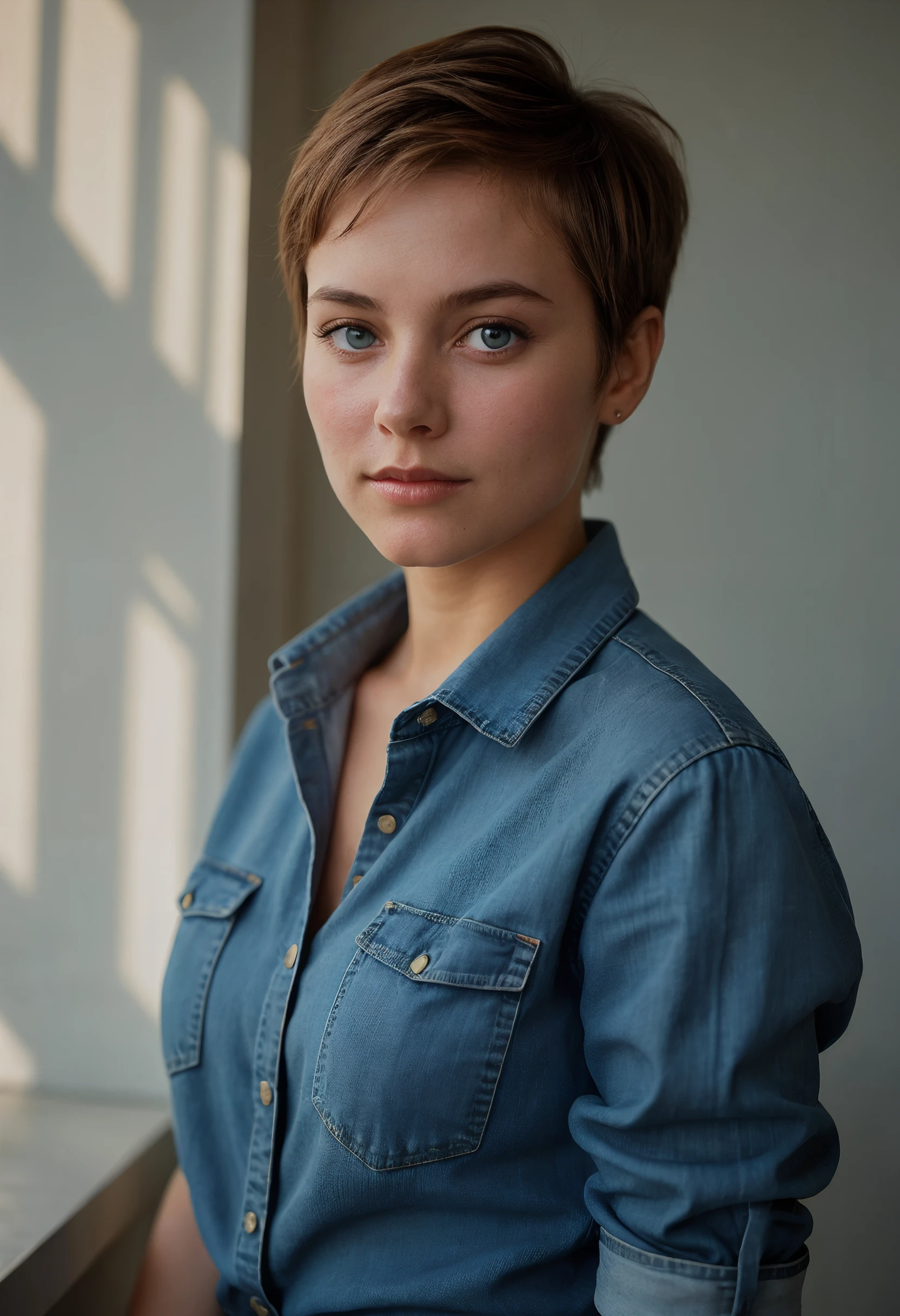 A Vogue-inspired portrait, captured on an iPhone X with a Lomochrome color film effect, features a Caucasian woman with blue eyes and a pixie cut, gazing confidently at the camera with a subtle head tilt, her right hand resting on her hip, showcasing a denim shirt with rolled-up sleeves, bathed in soft, natural light with a touch of sun rays filtering through, against a minimalist backdrop, evoking a relaxed yet fashionable pose that highlights her as a beautiful girlfriend figure, all in the style of Zhang Jingna's minimalist and elegant fashion photography, emphasizing natural beauty and subtle details, capturing the essence of effortless chic and showcasing the woman's confidence and beauty through a timeless, Vogue-inspired aesthetic.