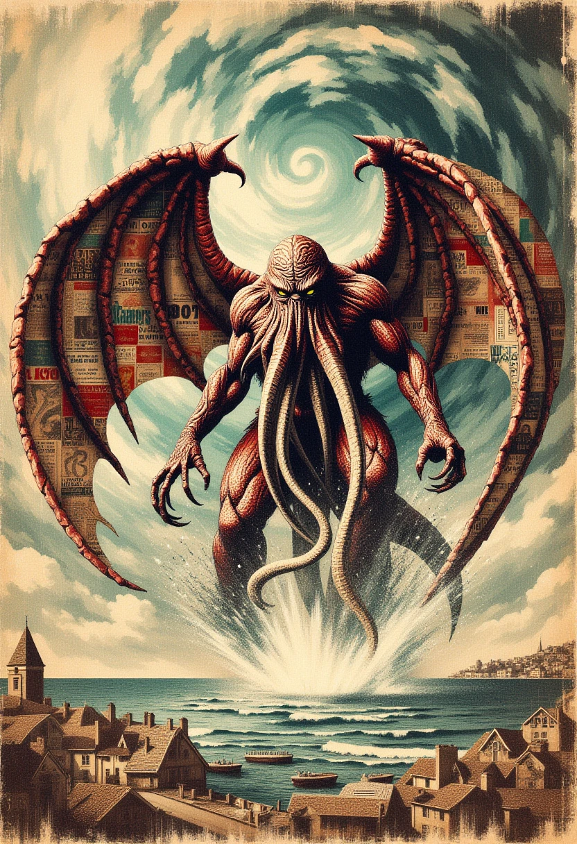 <lora:NstlgaNv__flux_EliPot:1> newspaper, collage, muscular Cthulhu rising from the depth of the sea with large spread wings as a storm rages with swirling clouds in the sky, with a harbour town by the sea