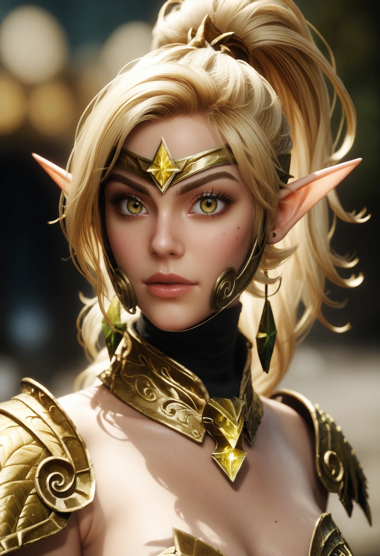 score_9, score_8_up, score_7_up, source_photo, realistic,
1girl, solo, elf, pointy ears, blonde hair:high ponytail.
(d4rk3lv3n14, gold armor, gorget, pauldrons, helmet, earrings),
(blurry background, simple background), (looking at viewer, cocked eyebrow), (close-up, portrait, depth of field),
 <lora:Dark_ElveniaArmor_Pony_v1.1:0.8>