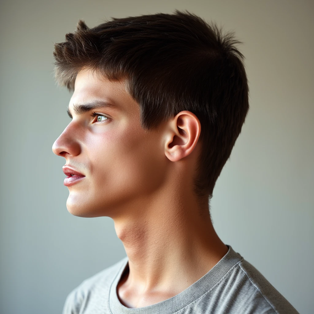 (danny, handsome male 20 yo, slim athletic) profile, looking away, closed mouth, casual clothes, portrait, close up view