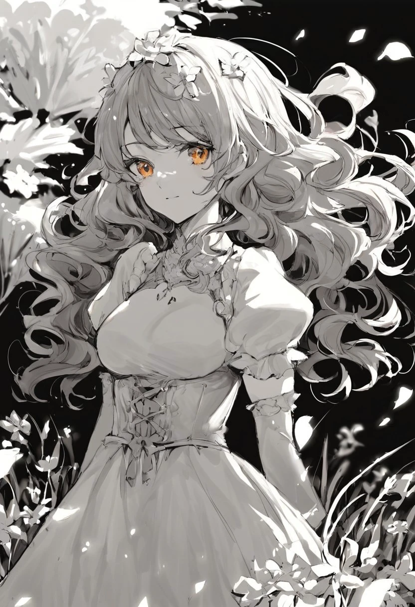 score_9, score_8_up, score_7_up, rating_safe, 1girl, solo, long hair, curly hair, wavy hair, orange hair, orange eyes, looking at viewer, breasts, dress, white dress, puffy sleeves, puffy short sleeves, short sleeves, gloves, elbow gloves, white gloves, cowboy shot, closed mouth, standing, outdoors, field, flower, grass, plant, sky, monochrome, greyscale, dark, black background, spot color