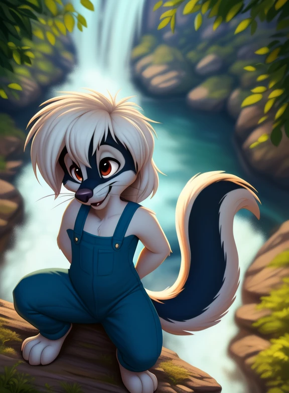 <lora:StinkyTomSawYif:1> StinkyTomSaw, skunk, black and white fur, red eyes, pants with suspenders, chibi,
[  solo, nature, forest, day, clouds, waterfall,  smile,] (solo focus, ) ((cowgirl position,  high-angle view,))
(beautiful, aesthetic, perfect, delicate, intricate, saturated colors), masterpiece, digital drawing, best quality,
[by personalami], by smitty g, [[[by Foxovh]]], [[by Ross Tran]]