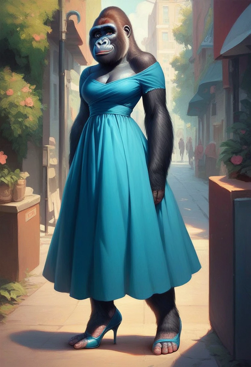 score_9_up, score_8_up, score_7_up, score_6_up, 1girl, solo, Fem_gorilla, blue dress, high heels, shy smile, standing in a street, (realistic), (painted art)