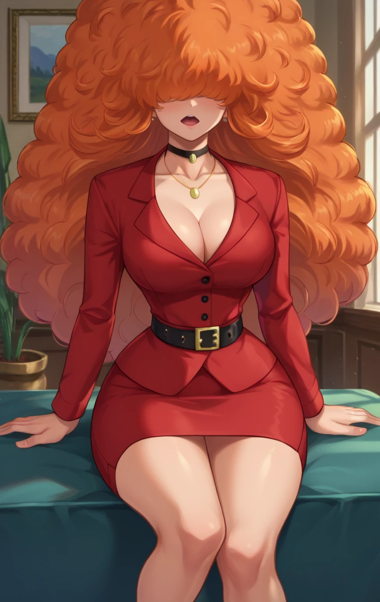 score_9,score_8_up,score_7_up BREAK source_cartoon,<lora:bellum:1>,BellumSDXL,1girl,long hair,skirt,cleavage,jewelry,thighs,choker,belt,miniskirt,necklace,orange hair,lips,red skirt,formal,suit,pencil skirt,lipstick,red lips,hair over eyes,afro,big hair,cowboy shot,room,room background,sitting,