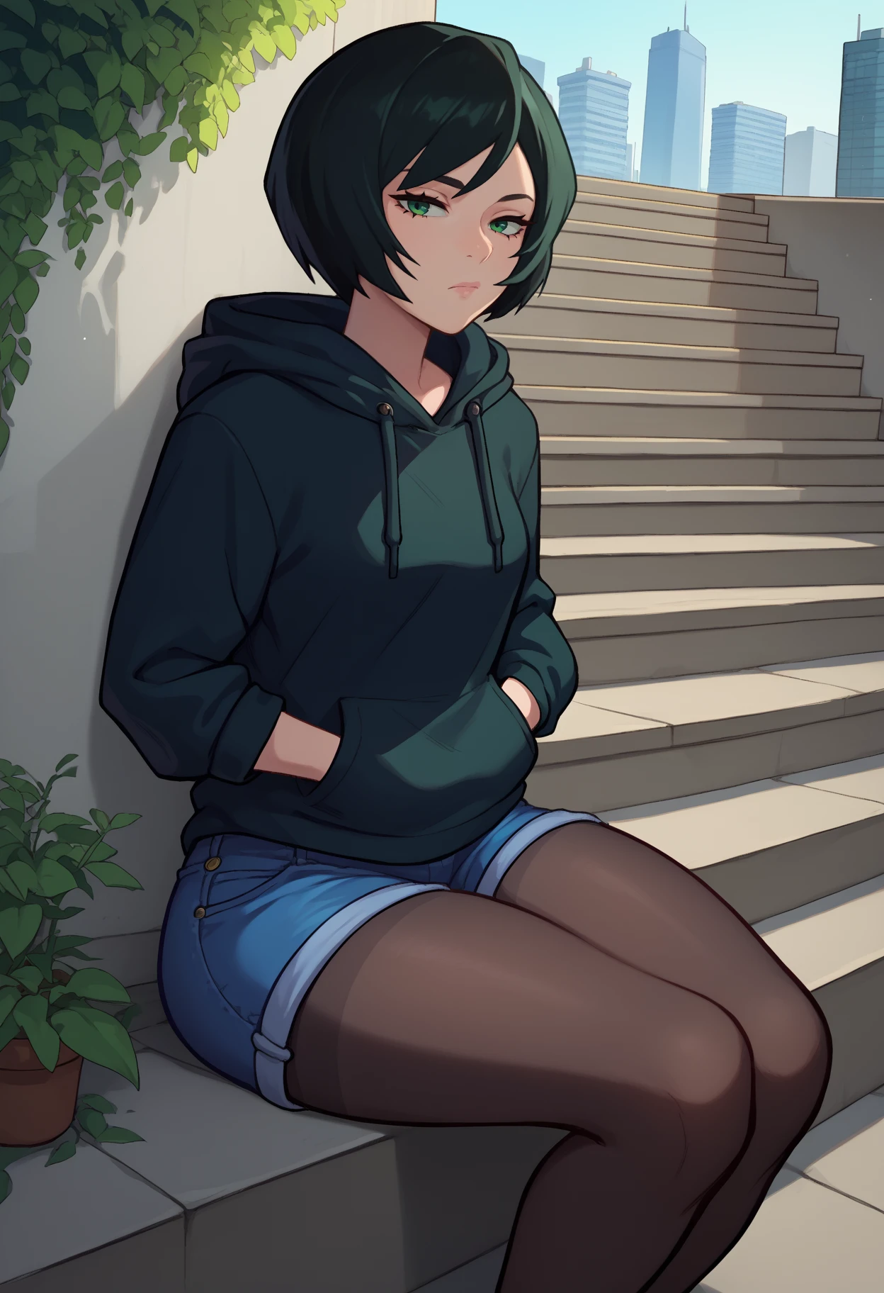 score_9, score_8_up, score_7_up, <break> solo, 1girl, zenin mai, expressionless, looking at you, sitting, stairs, hands in pockets, black hair, green eyes, black hoodie, blue shorts, denim shorts, black pantyhose, outdoors, city
<segment:yolo-face_yolov8m.pt,0.4,0.5//cid=1>