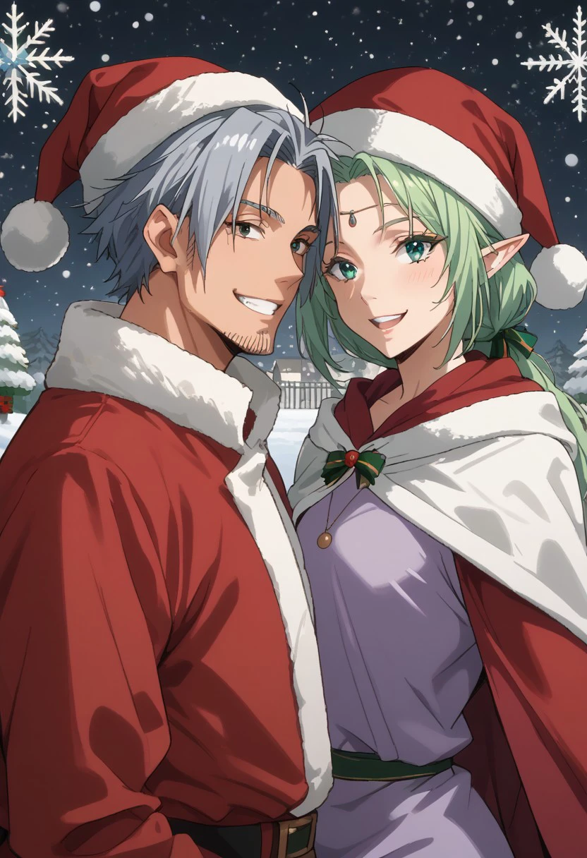 score_9, score_8_up, score_7_up, source_anime, rating_safe, YoumTGRS, 1boy, couple focus, santa hat, Santa guy, MjurTGRS, green elf hat, Christmas elf girl, 1girl, hetero, husband and wife, Christmas outfits, wide smile, teeth, cute wallpaper,