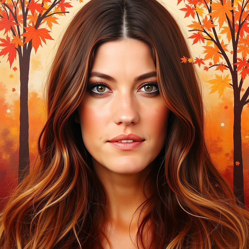 woman, light makeup, Expressionistic abstract painting utilizing a rough palette knife technique depicting the face of a woman with long flowing hair in the fall. The autumn theme is respresented through primary use of the colors red, orange and brown as well as autumn trees and leaves