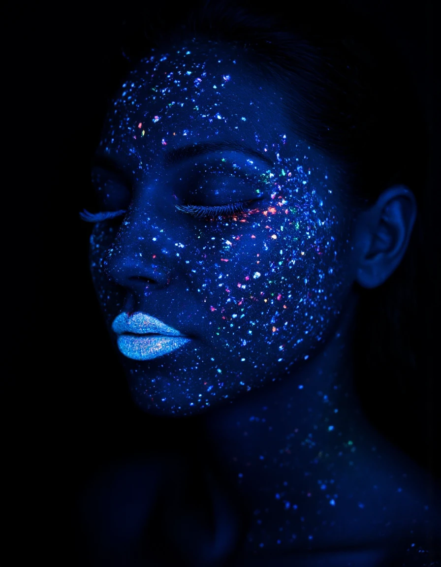 ,photography of a woman with glowing ice-facepaint, <lora:black_lightUV_glow:1>