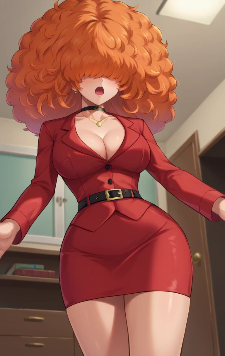 score_9,score_8_up,score_7_up BREAK source_cartoon,<lora:bellum:1>,BellumSDXL,1girl,long hair,skirt,cleavage,jewelry,thighs,choker,belt,miniskirt,necklace,orange hair,lips,red skirt,formal,suit,pencil skirt,lipstick,red lips,hair over eyes,afro,big hair,cowboy shot,room,room background,from below,