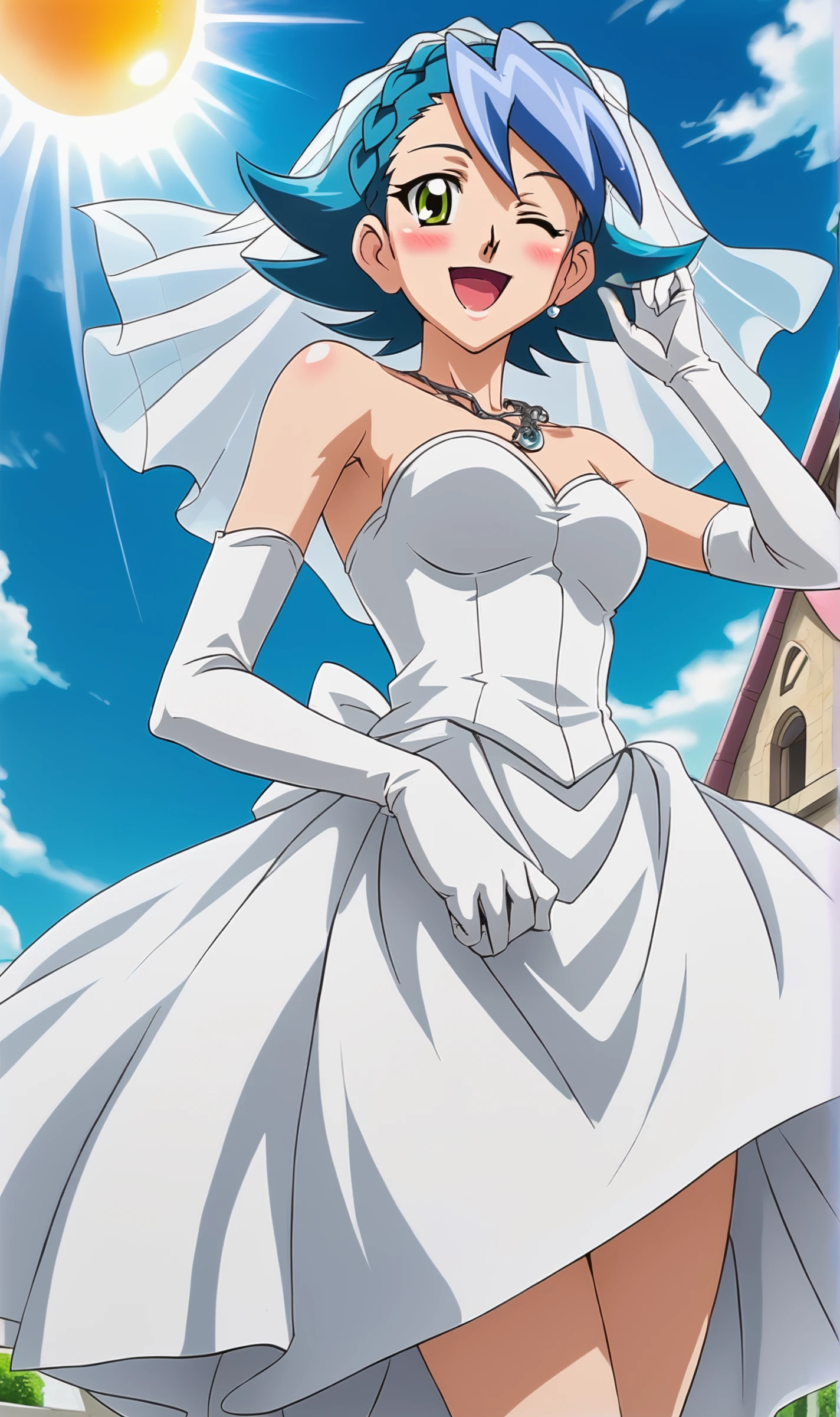 BW, 1girl, solo, blue hair, short hair, braid, green eyes, bride, wedding dress, necklace, veil, elbow gloves, outdoors church, sun rays, blue sky, smile, happy, blush, from below, wind blowing, wind skirt, legs, one eye closed, hand against head, <lora:Brooke Walker Pony XL:0.75>