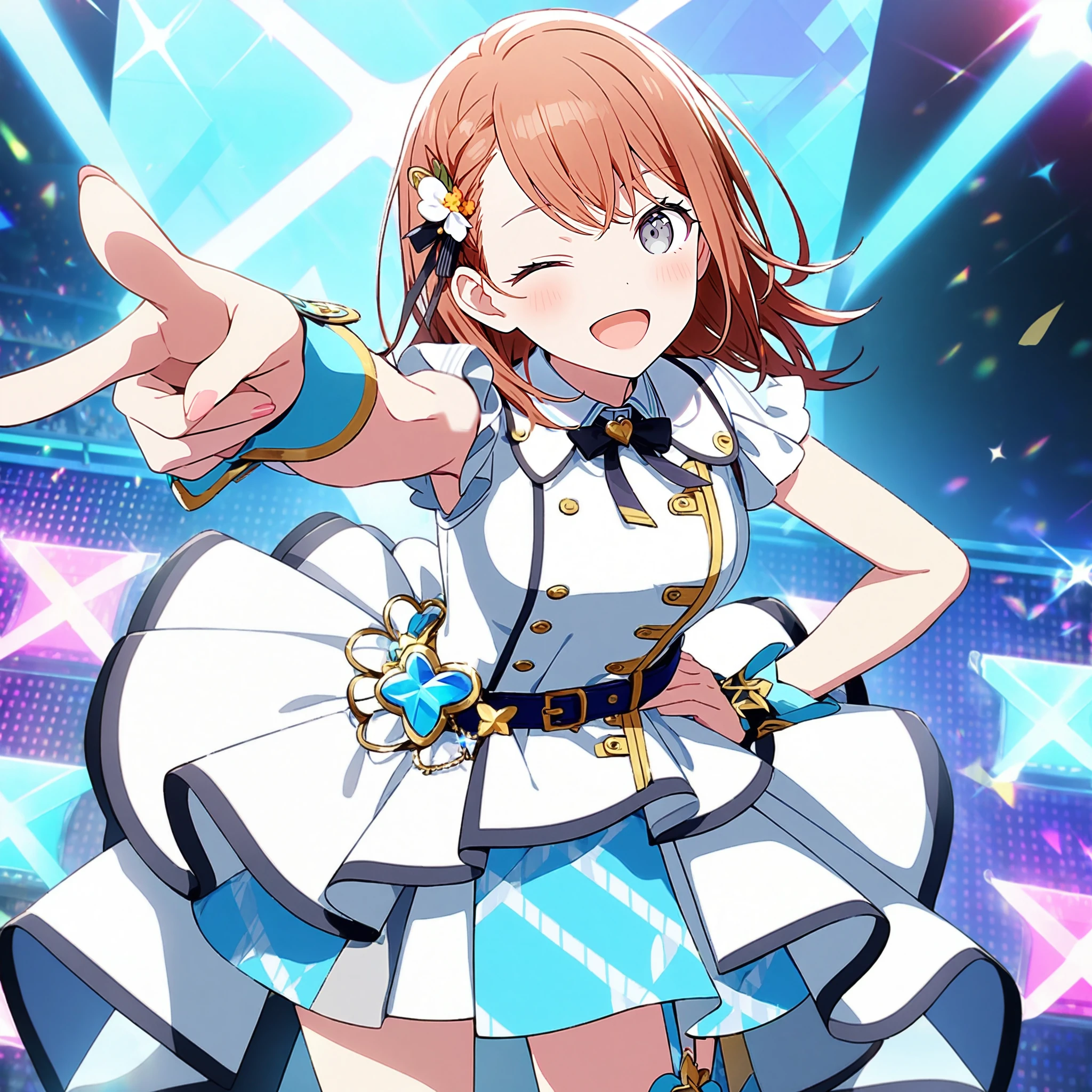 1girl, hanasato minori, project sekai, masterpiece, very aesthetic, absurdres, official art,
brandnew minori, brown hair, grey eyes, braid,
(looking at viewer:1.4), leaning forward, pointing at viewer, one eye closed, hand on hip,  BREAK
idol costume, asymmetrical dress, belt, wrist cuffs, ribbon, skirt, neck ribbon, short sleeves, black ribbon, bow, hair ornament, silver trim, blue belt, white bow, black belt, double-breasted, hair ribbon, dress, collared dress, wing collar, pleated skirt,
<lora:sdxl-mmj-BNMinori03:1:lbw=0,0,0.2,0.2,0,0.4,0.4,0,0.8,0.8,0,0,0,0.8,0.8,0.6,0.8,0.0,0.0,0.0,0,0,0,0,0,0>