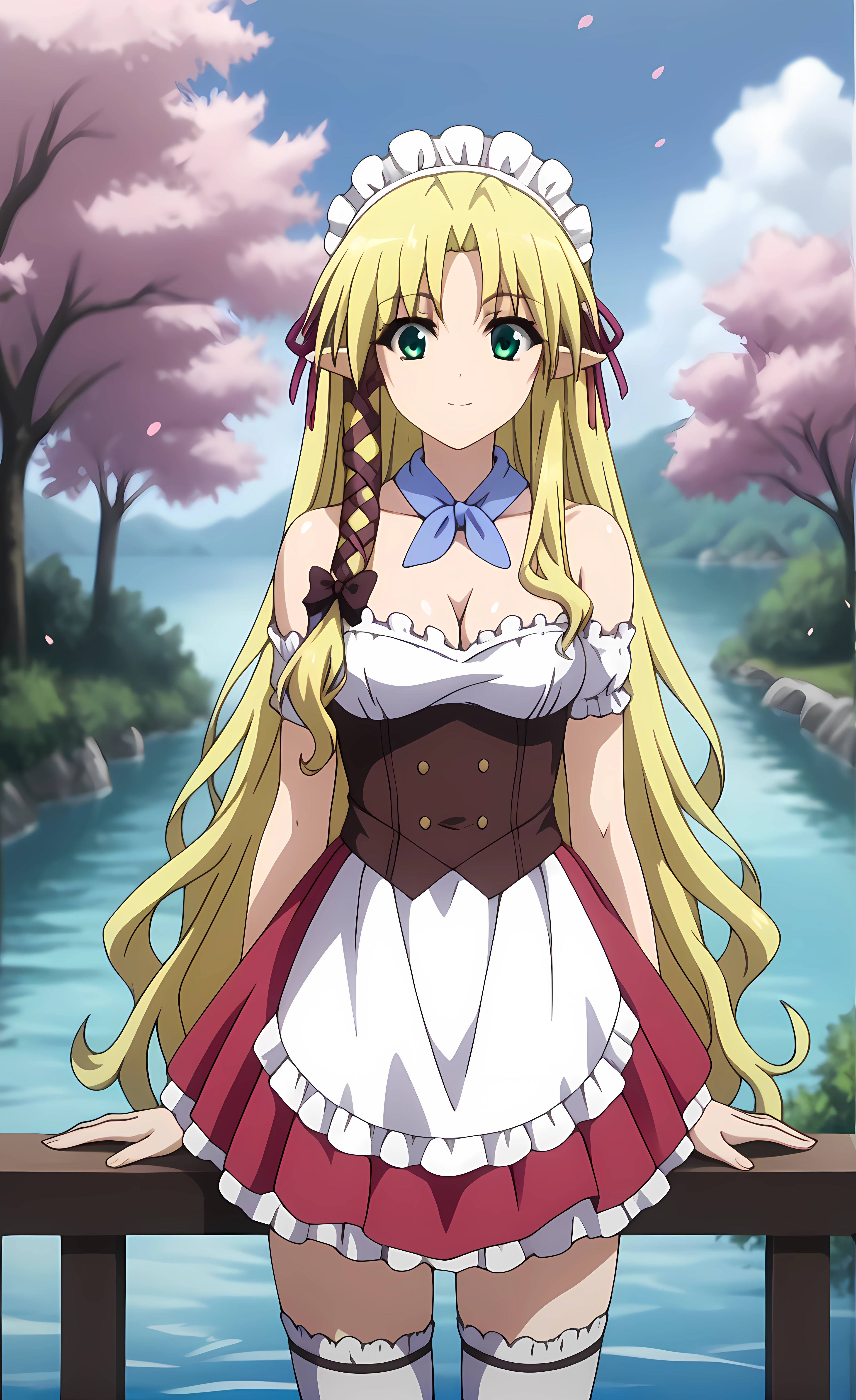 (score_9, score_8_up, score_7_up), looking at viewer, closed mouth, light smile, shiny skin,ohwx, 1girl, solo, breasts, long_hair, blonde_hair, green_eyes, tress_ribbon, pointy_ears, very_long_hair, hair_ribbon, parted_bangs, ribbon, sidelocks,thighhighs, maid_headdress, apron, white_thighhighs, maid, bare_shoulders, cleavage, dress, frills, against railing, river, cherry blossom,<lora:kareha_pony_sobsynapse:1>