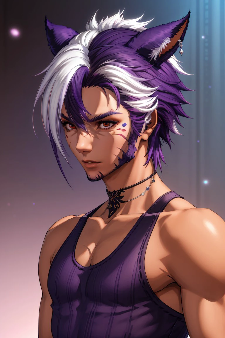 A cinematic shot, face2_xiv, miqo'te, solo, animal ears, miqo'te, male focus, 1boy, cat ears, dark skin, multicolored hair, two-tone hair, facial hair, dark-skinned male, upper body, facial mark, facing viewer, white hair, purple facepaint stripe, bare shoulders, halter top, purple shirt, closed mouth, cat boy, two tone hair, purple hair, 3d, final fantasy xiv, fantasy, masterpiece, best quality, very aesthetic, absurdres