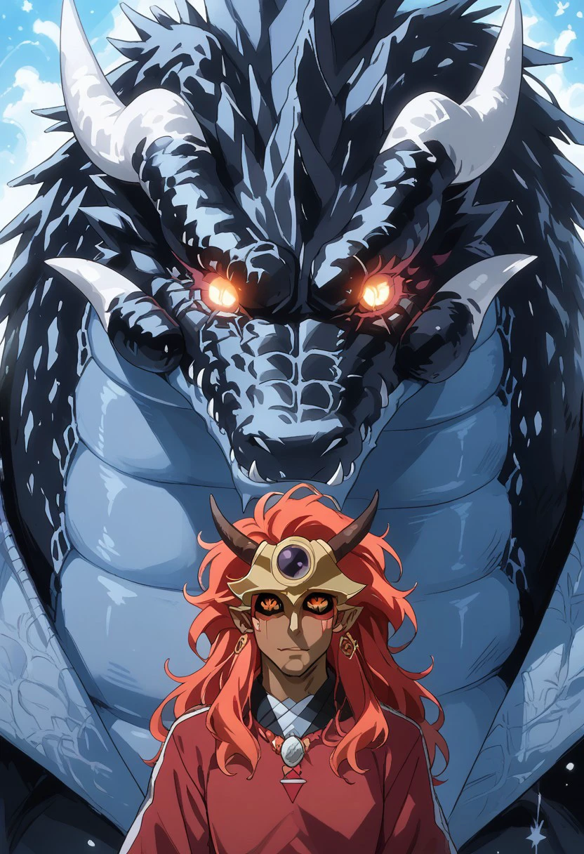 score_9, score_8_up, score_7_up, source_anime, rating_safe, VeldoraTGRS, white_Veldora_dragon horns, down scaled dragon, pokemon (creature), IfritTGRS, red_Ifrit_fiery hair, red-yellow_Ifrit_glowing eyes, 1boy, interspecies gay couple focus, homo, size difference, sweet-cute wallpaper,