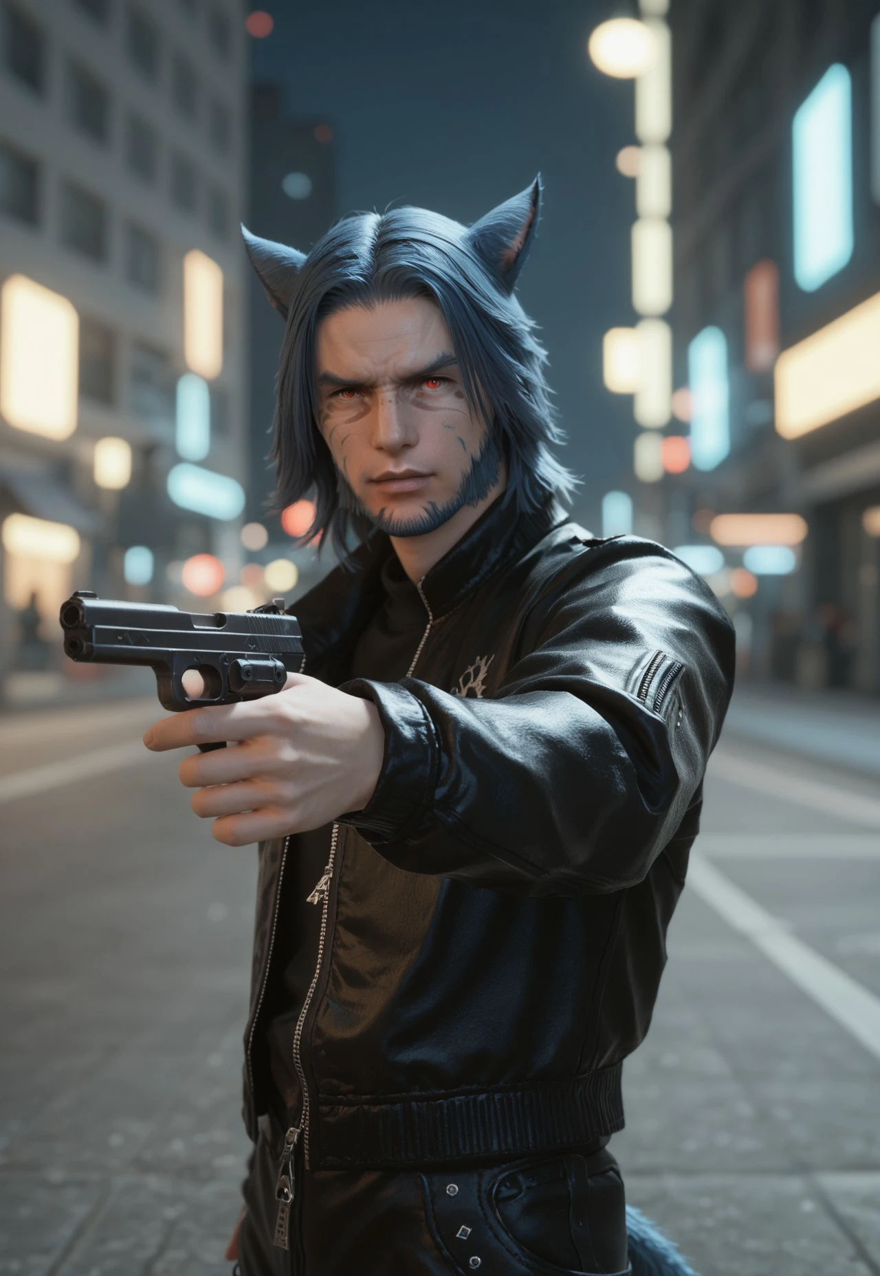 Score_PnyReal, A cinematic shot, face2_xiv, miqo'te, 1boy, male focus, blue hair, red eyes, cat ears, animal ear fluff, miqo'te, purple and black bodysuit, , weapon holding, gun in hand, very long hair, zipper, leather jacket, teal jacket, neon , city background, futurism, cinematic lighting,depth of field, subsurface scattering, MXAA, ultrasharp , fantasy vibes, spotlight, rembrandt lighting, neon sparkles,, 3d, final fantasy xiv, fantasy