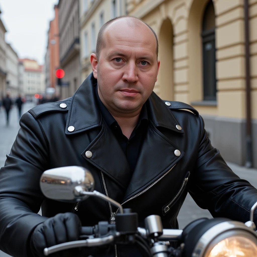 portrait burunov, (bald:0.6), in a leather jacket, on a motorcycle, <lora:Burunov _Rank128_17GB_Free0:1>