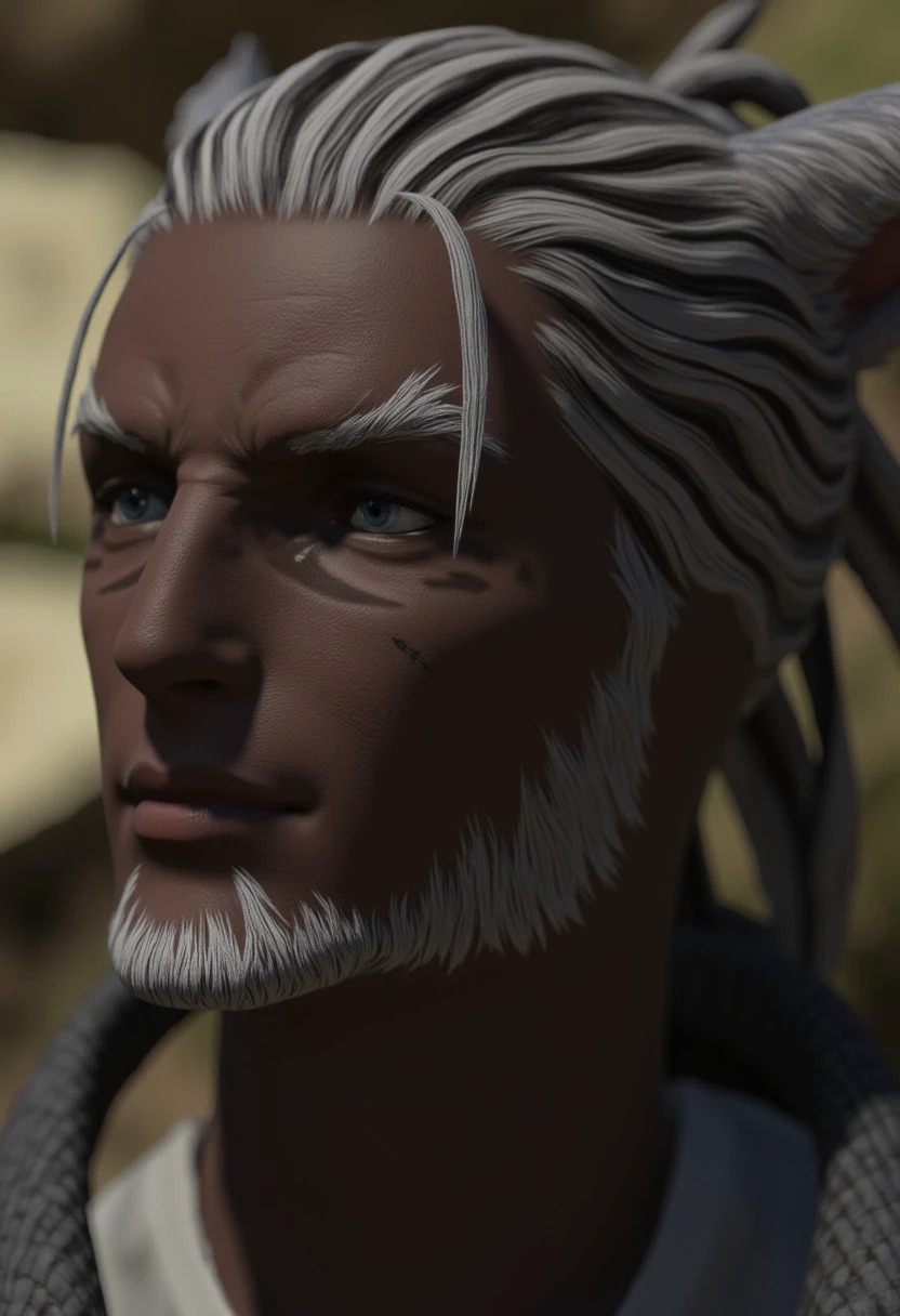 A cinematic shot, catboy, solo, animal ears, dark skin, 1boy, face_2_xiv, dark-skinned male, male focus, dreadlocks, facial hair, cat ears, white hair, beard, portrait, braid, facial mark, white eyes, closed mouth, miqo'te, ffxiv, 3d