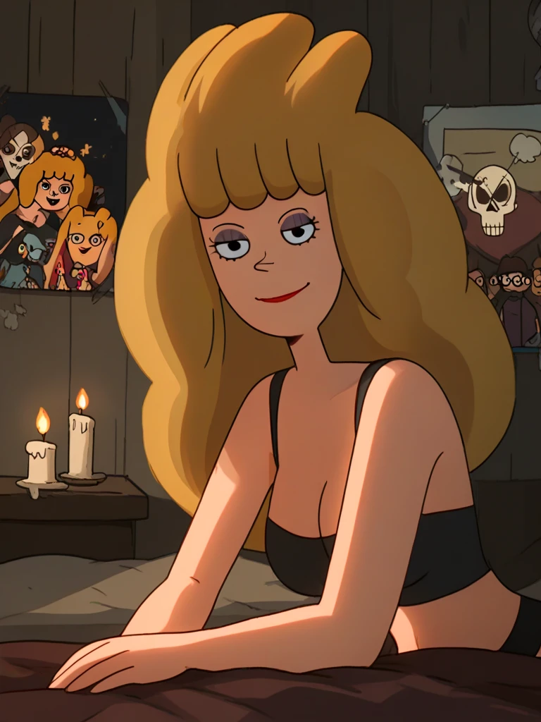 <lora:Tinona_Sumouski_PONY:0.85> 1girl, black eyes, blond hair, big hair, long hair, makeup, black underwear, smirk, posing on bed, candle light, looking at viewer, dark room. cattle skull on wall,, source_cartoon, score_9, score_8_up, score_7_up,