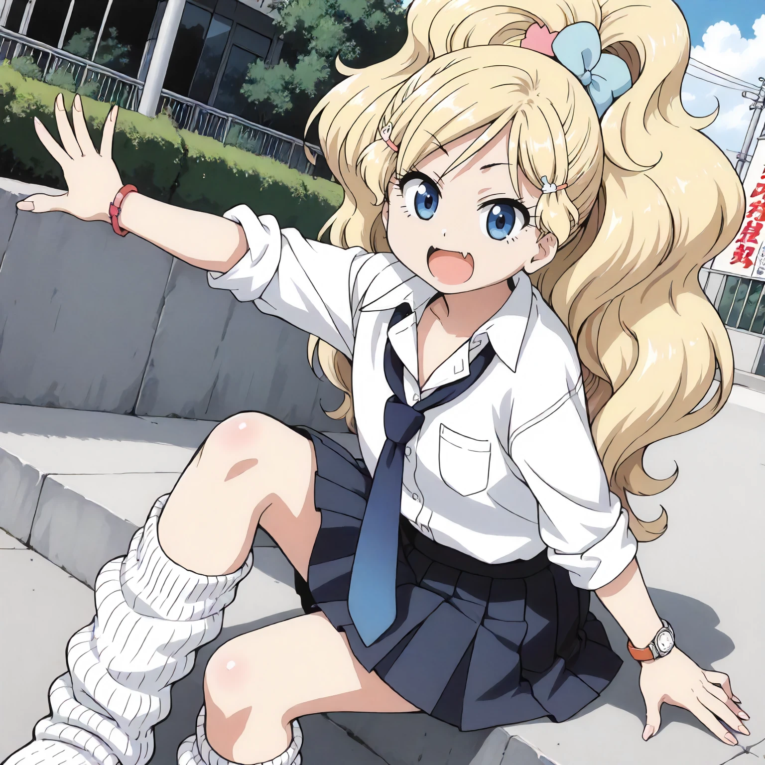 <lora:EPP_MokaChigasakiXLpony002>,
outdoors,
open mouth,skin fang,
solo,
MokaChigasaki,1girl,blonde hair,high ponytail,hairclip,hair_ornament,blue eyes,
collared_shirt,necktie,sleeves rolled up,
pleated_skirt,skirt decoration,
bracelet,watch,
loose socks,uwabaki,