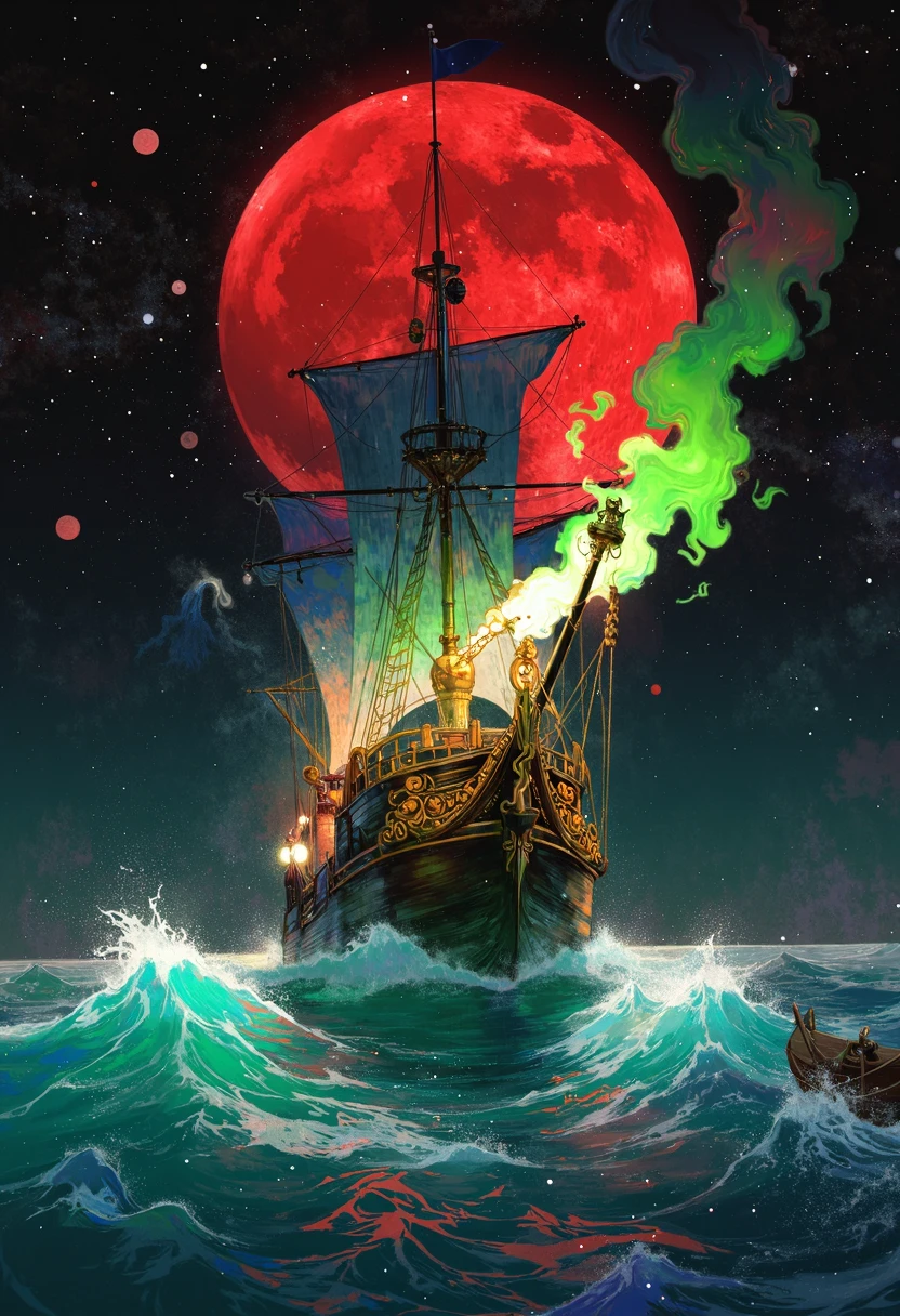 extremely detailed 8k wallpaper,(highly detailed:1.1), Pirate ship,(ghost),fluorescence,((masterpiece:1.1)),[anime:Impasto:0.5], intricate , fantasy,(1ship),(ocean:1.2),[golden boat:golden boat with (green fire:1.2):0.1], clear sky ,wind ,beautiful sky,(nightsky),(galaxy), (huge blood moon in the background:1.05)