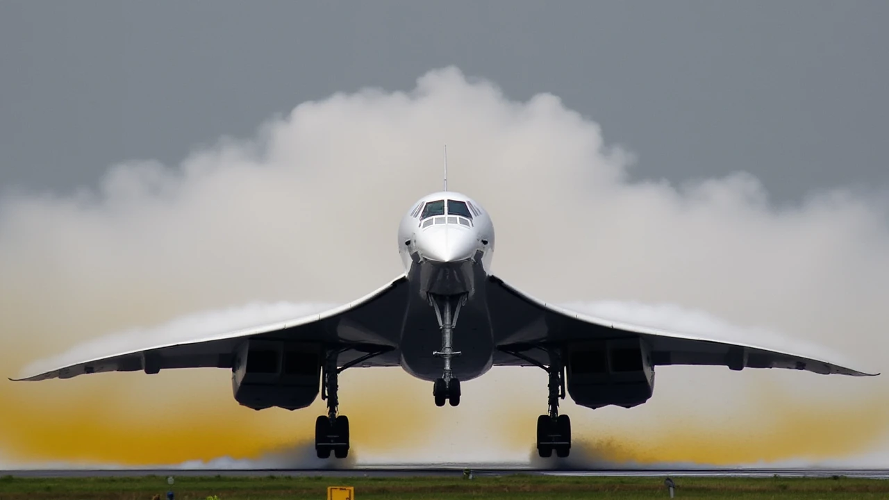 a side view photo,from below, of a concorde landing on the runway,heathrow,gear extended,smoke over wings, text says <British Airways>,professional background, dramatic light, gorgeous, intricate, elegant,<lora:concorde:1.2>