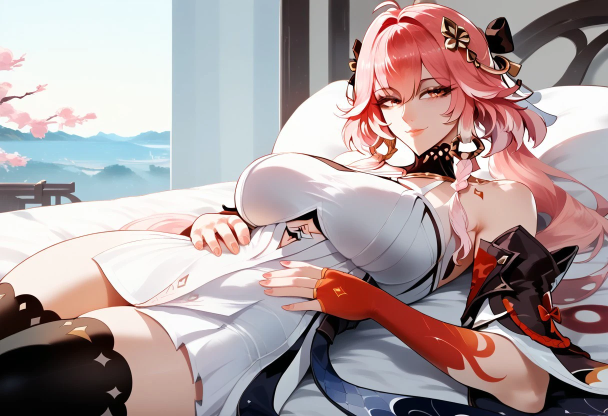 score_9,score_8_up,score_7_up,1girl,solo,mature female,curvy, changli, white dress, looking at viewer, seductive, smile, lying on bed, lying, black thighhigh, red hand, pink hair, multicolored hair, stomach, hands on stomach