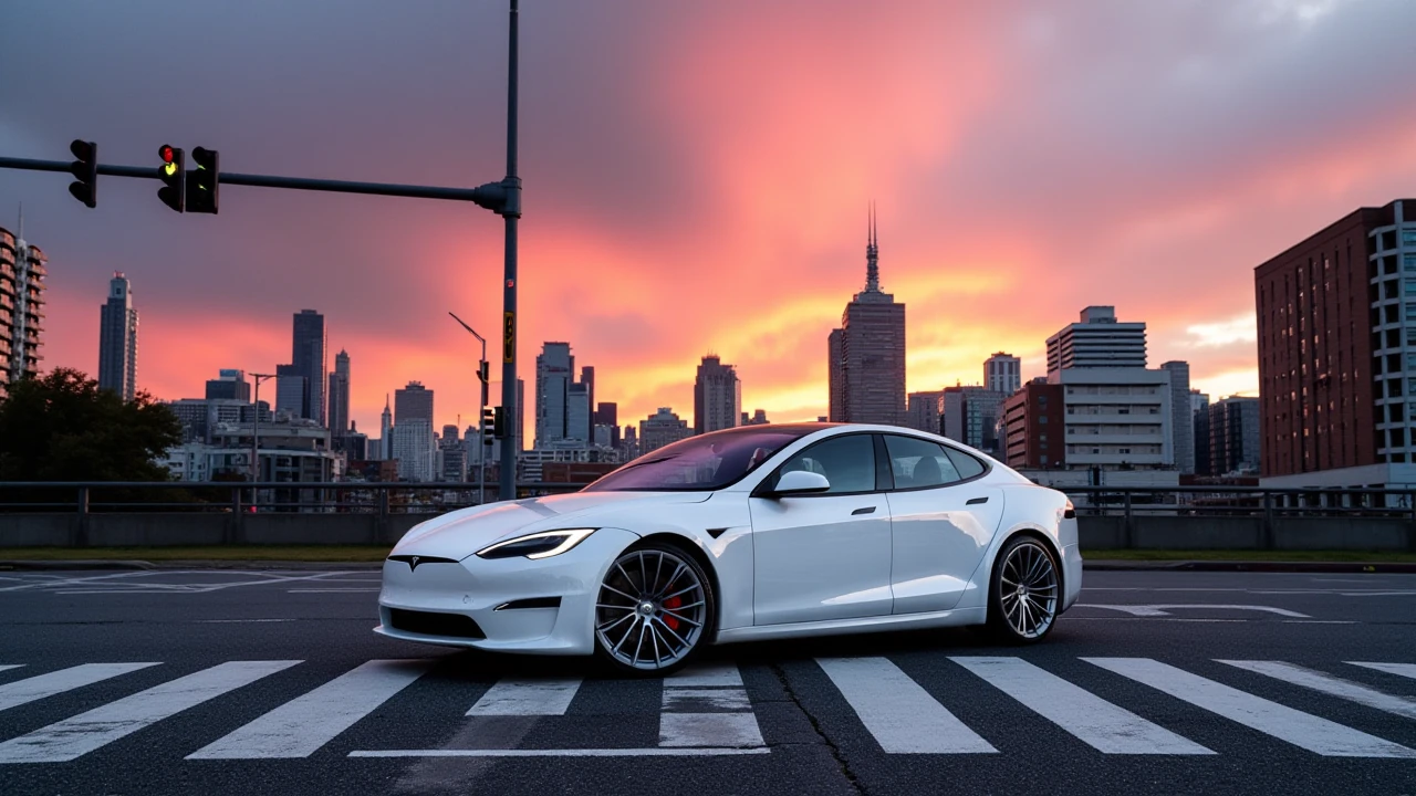 a photo of a whiteTesla Model S plaid at tokyo city crossing,nice silver rims,chicago,sunset,dramatic camera angle,<lora:Tesla_Model S_Plaid:1>