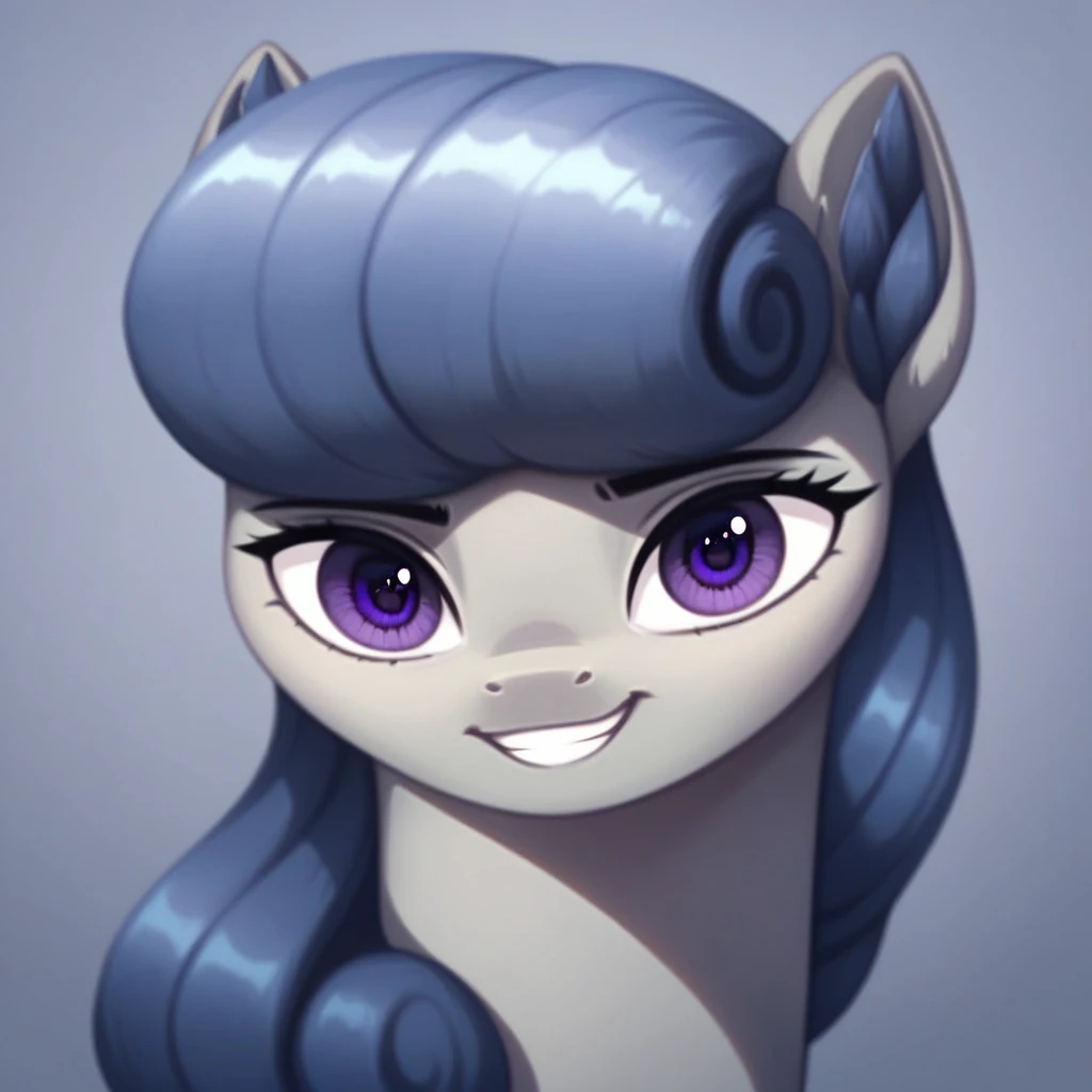 masterpiece, score_9_up, score_8_up, score_7_up, score_6_up, (best quality:1.1), ultra-detailed, high resolution, solo, BigSister, pony, pony oc, mlp, feral, eyebrows, (((beautiful detailed purple eyes))), long eyelashes, mare, female, fluffy pony ears, gray skin, black mane, cheerful facial expression, grin, detailed facial features, portrait, expressiveh, simple background, highly visible, sharp focus, anatomically correct