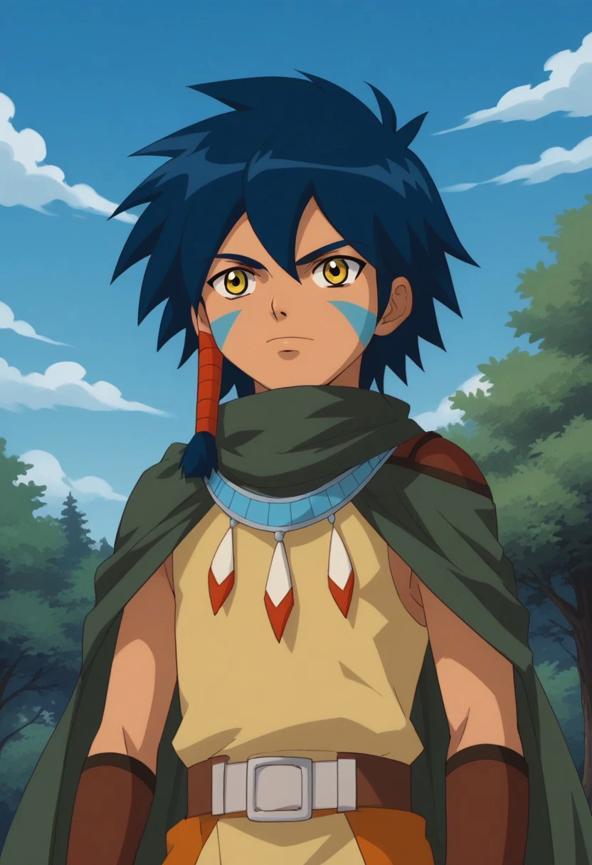 score_9, score_8_up, score_7_up, source_anime, highly detailed,
keenan, 1boy, solo, yellow eyes, cape, blue hair, hair tube, facial mark, cloud, male focus, dark skin, facepaint, belt, sky, tree, upper body