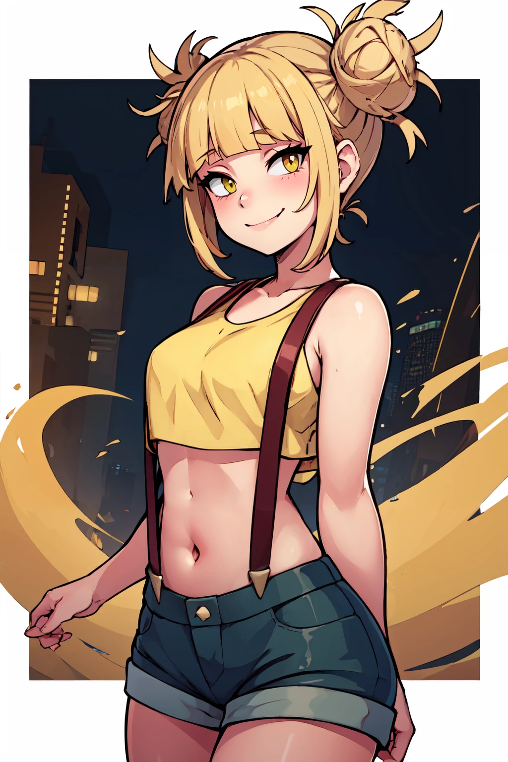 ((masterpiece,best quality)), absurdres,  BREAK, , <lora:Toga_Himiko:0.8>, zztoga, bangs, blonde hair, yellow eyes, blunt bangs, hair bun, double bun, messy hair,, BREAK,  <lora:Misty_Pokemon_Cosplay_v3:0.8>,  misty (pokemon) (cosplay), yellow crop top, suspenders,, BREAK, solo, smile, looking at viewer, cowboy shot,