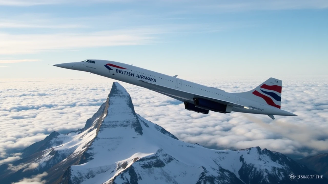 a side view photo,from below, of a concorde flying over the matterhorn, text says <British Airways>,professional background, dramatic light, gorgeous, intricate, elegant,<lora:concorde:1>