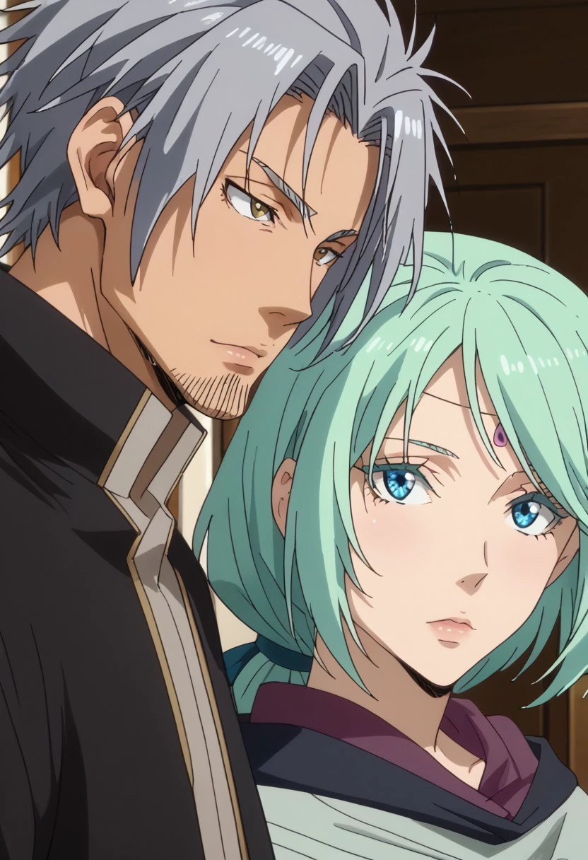 score_9, score_8_up, score_7_up, source_anime, rating_safe, YoumTGRS, grey_Youm_hair, black_Youm_facial hair, yellow_Youm_eyes, 1boy, couple focus, MjurTGRS, light teal_Mjur_female hair, 1girl, anime screencap,