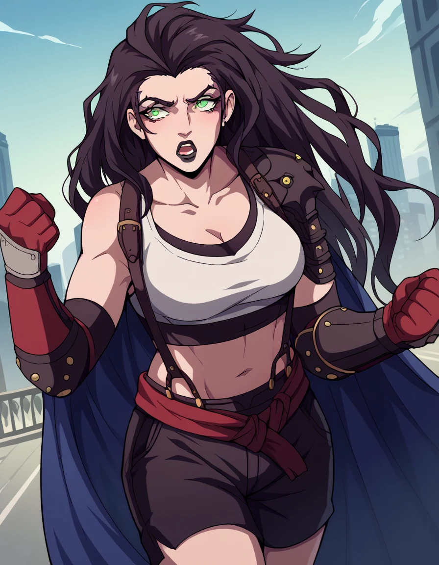 score_9, score_8_up, score_7_up, source_anime, <lora:castlevania-striga-ponyxl-lora-nochekaiser:1>, striga, long hair, black hair, green eyes, makeup, lipstick, blue cape, black lips,, <lora:tifa-lockhart-cosplay-ponyxl-lora-nochekaiser:1>, tifalockhartcosplay, tifa lockhart (cosplay), suspender skirt, suspenders, navel, midriff, white tank top, cleavage, elbow pads, crop top, tank top, shorts, short shorts, collarbone, gloves, elbow gloves,, cityscape, street, blush, open mouth, fighting stance, leg lift, leg up, , cowboy shot, dutch angle