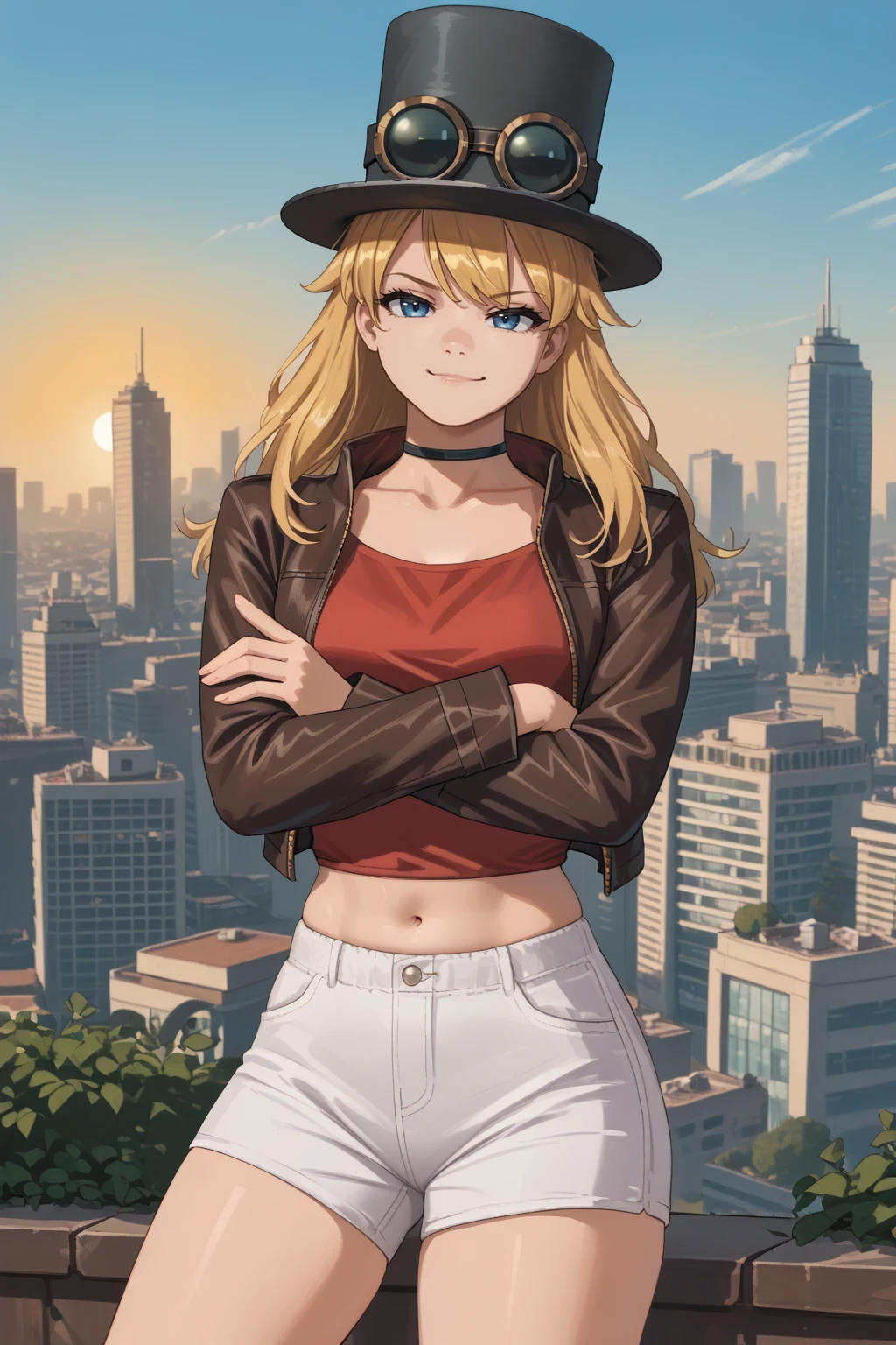 score_9, score_8_up, 1girl, solo, <lora:NSSteampunkerTerraria:1> NSStpumker, blonde hair, long hair, blue eyes, top hat, goggles on headwear, black choker, sunglasses, smug, crossed arms, leather jacket, red shirt, cropped shirt, navel, sleeveless, white shorts, curvy, cityscape, outdoors, setting sun, smug, sunglasses