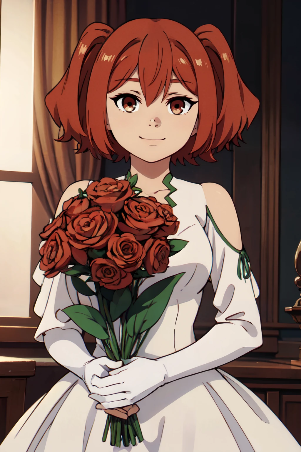 ((masterpiece,best quality)), absurdres,  BREAK, , <lora:Kanne_Sousounofrieren:0.8>,  zzkanne, short hair, brown hair, twintails, brown eyes, , BREAK, bride, wedding dress, bridal veil, strapless dress, elbow gloves, holding bouquet,, BREAK, solo, smile, looking at viewer, cowboy shot,